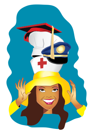 A lady's head, wearing a yellow hat, a nurse's hat, a police officer's hat, a chef's hat and a student's cap.